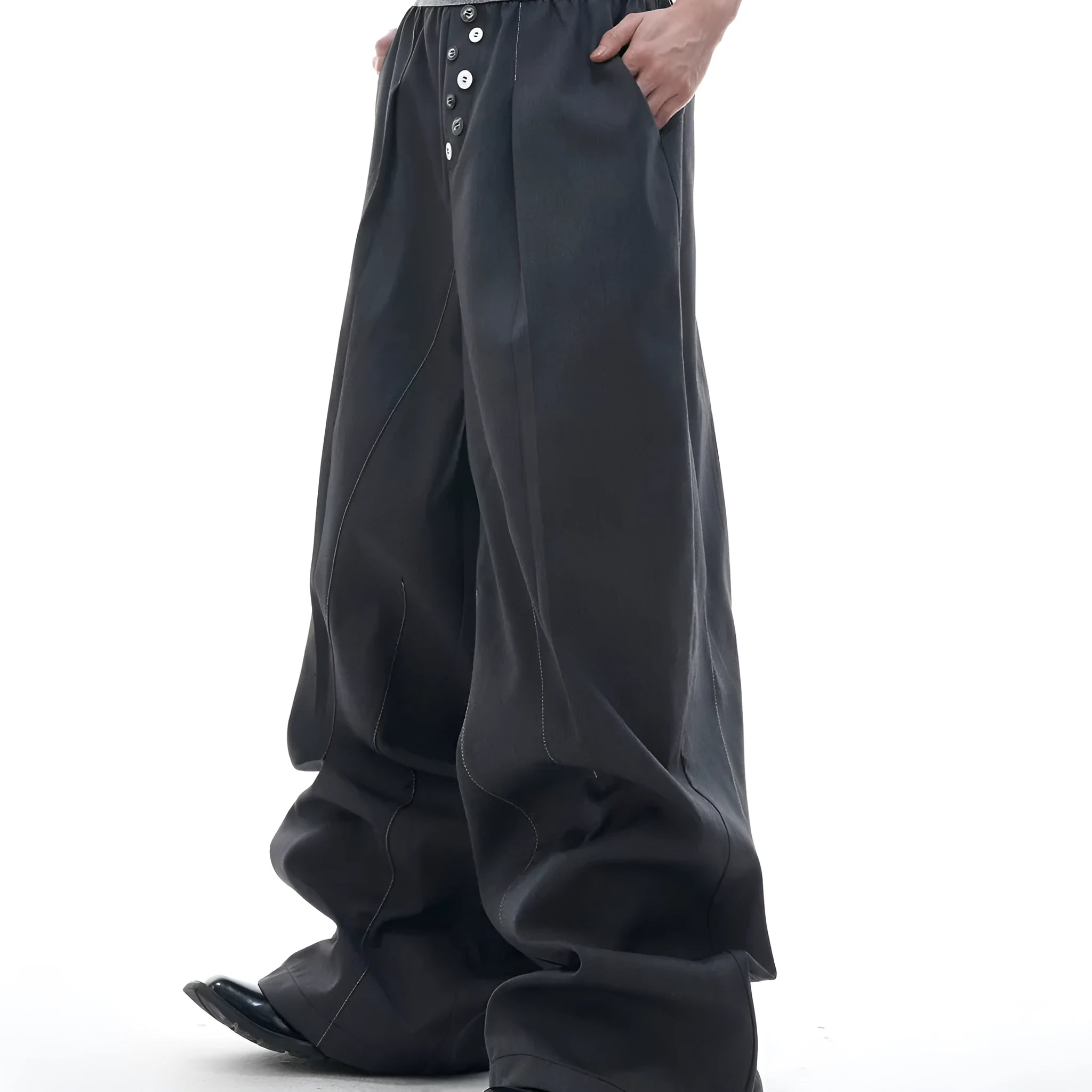 Straight-leg high-waist casual trousers in grey with a button-open line design detail on the leg.