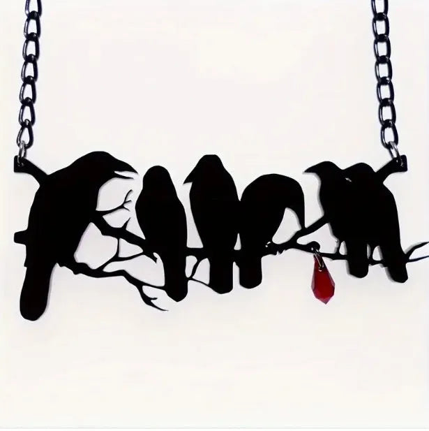 Black electroplated alloy crow necklace with cross chain closure for gothic fashion