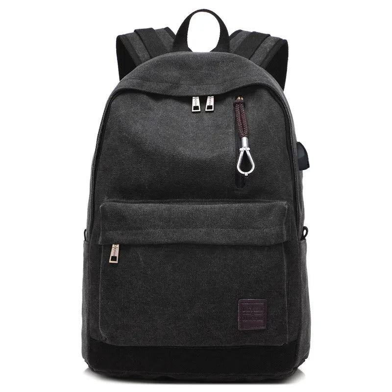 Canvas backpack with USB charging port in Coffee, Grey, Khaki, or Black colour.