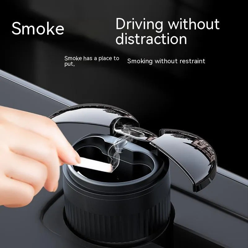 Metal car ashtray with automatic lid in black, green, red, or silver, showing compact 113mm by 72mm size.