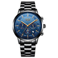 Men's waterproof quartz sports watch in black and rose red gold colour on wrist