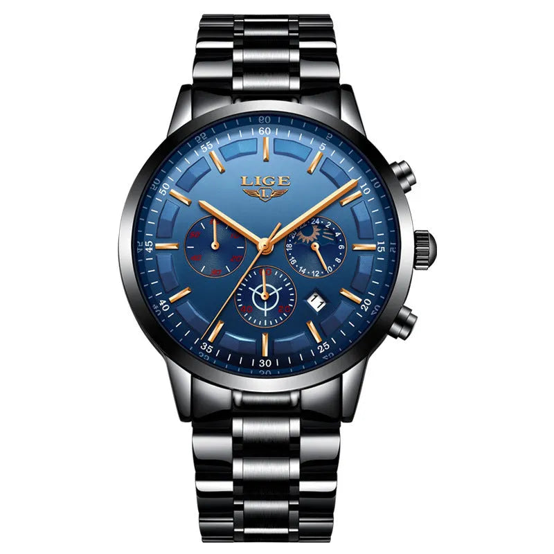 Men's waterproof quartz sports watch in black and rose red gold colour on wrist