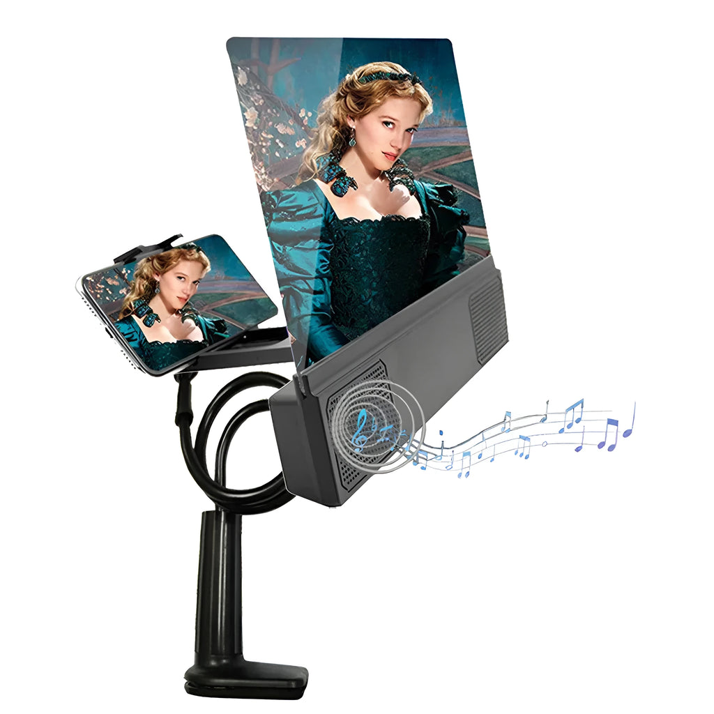12-inch mobile phone screen amplifier with adjustable gooseneck stand and built-in speakers showing phone magnification