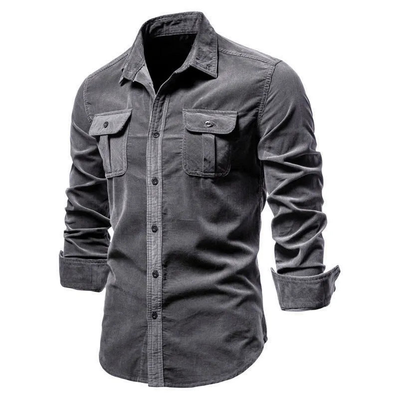 Men's casual long-sleeve linen shirt shown in multiple colours including denim blue, army green, and red.