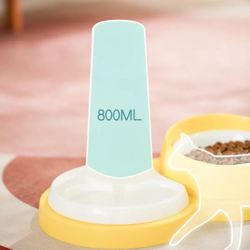 Grey and yellow dual ceramic bowl pet feeder with raised neck protection and non-slip base.