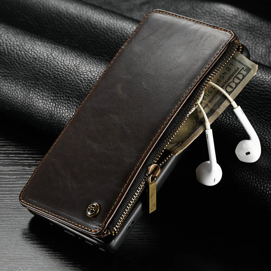 Black PU leather flip phone case open to show Samsung Note9, demonstrating front and back protection.