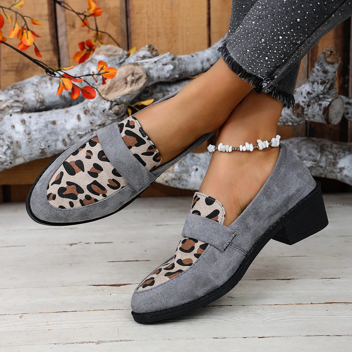 Leopard print slip-on suede pumps with chunky heels and pointed toes in brown, khaki and pink colours