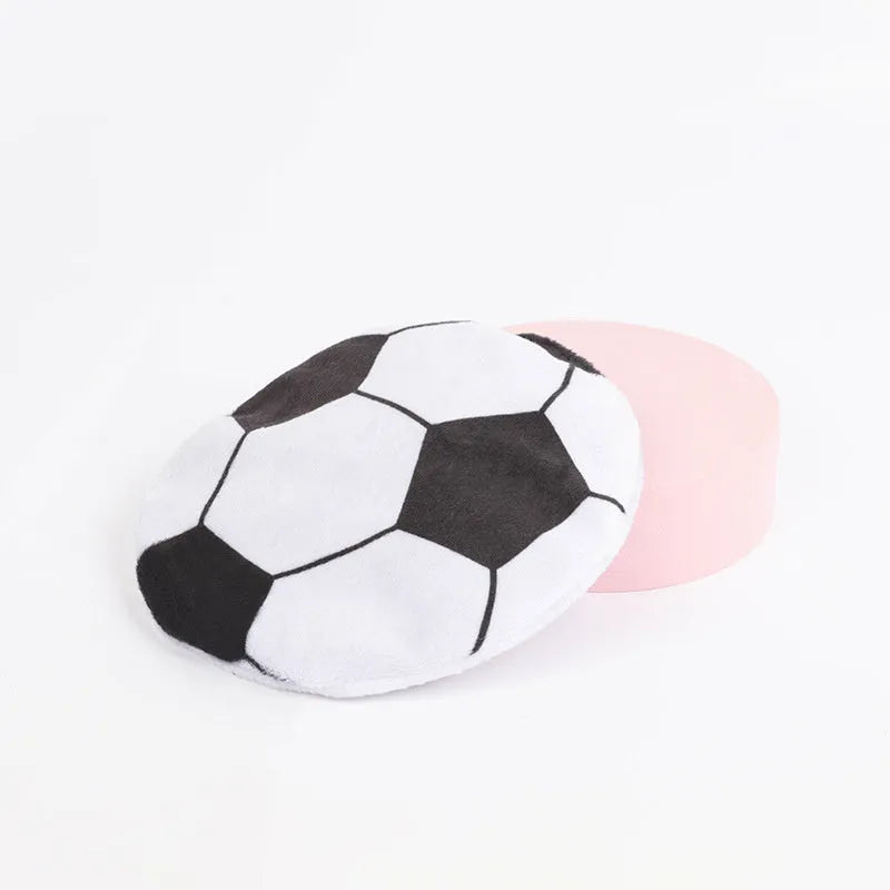 Plush flying disc cat toy with sports ball patterns measuring 5cm, containing catnip and crinkle elements.