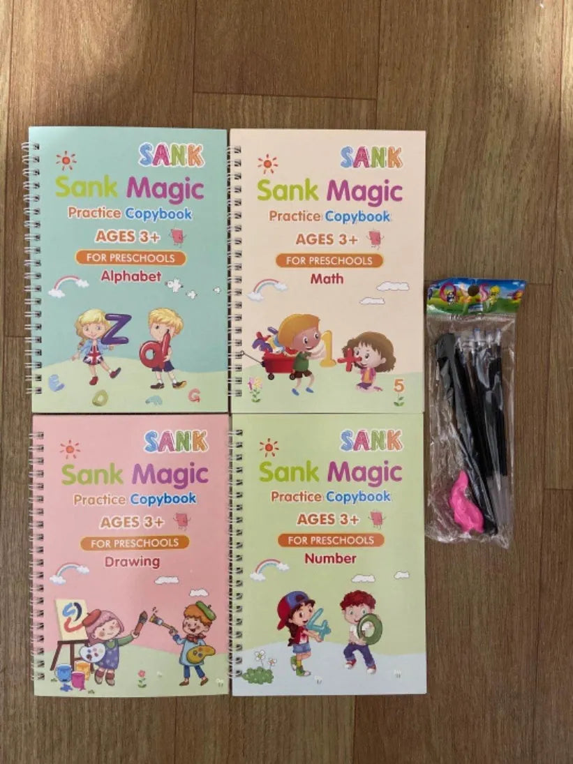 Magic calligraphy copybook set for children showing spellbooks, pens, and refills.