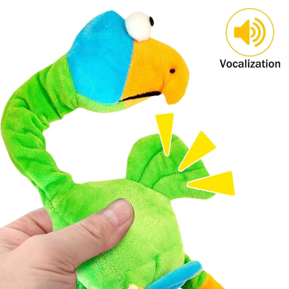 Squeaky chicken-shaped dog toy in black, green, and orange colours.