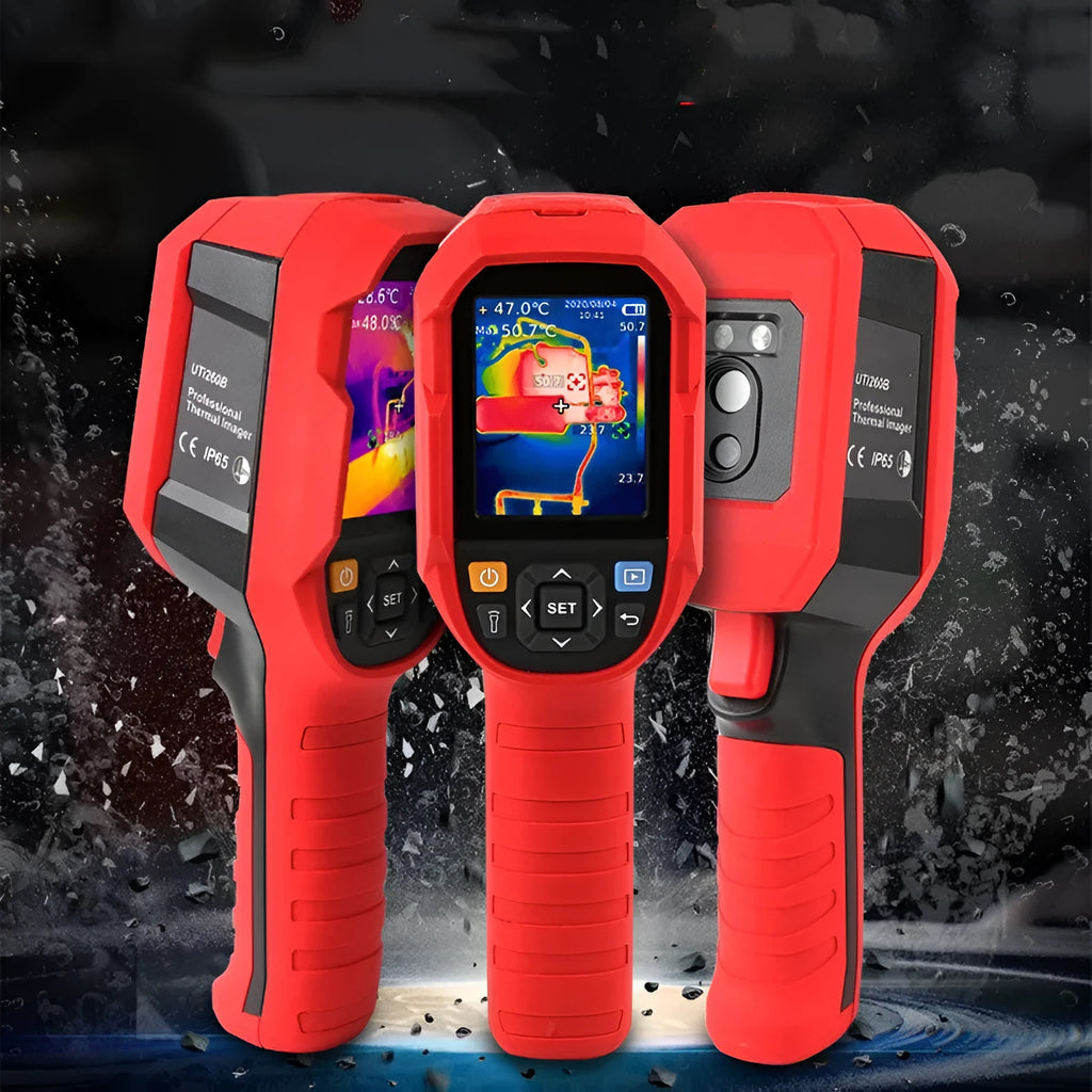 UTi260B handheld infrared thermal imager with colour screen showing a thermal image of an electrical panel.