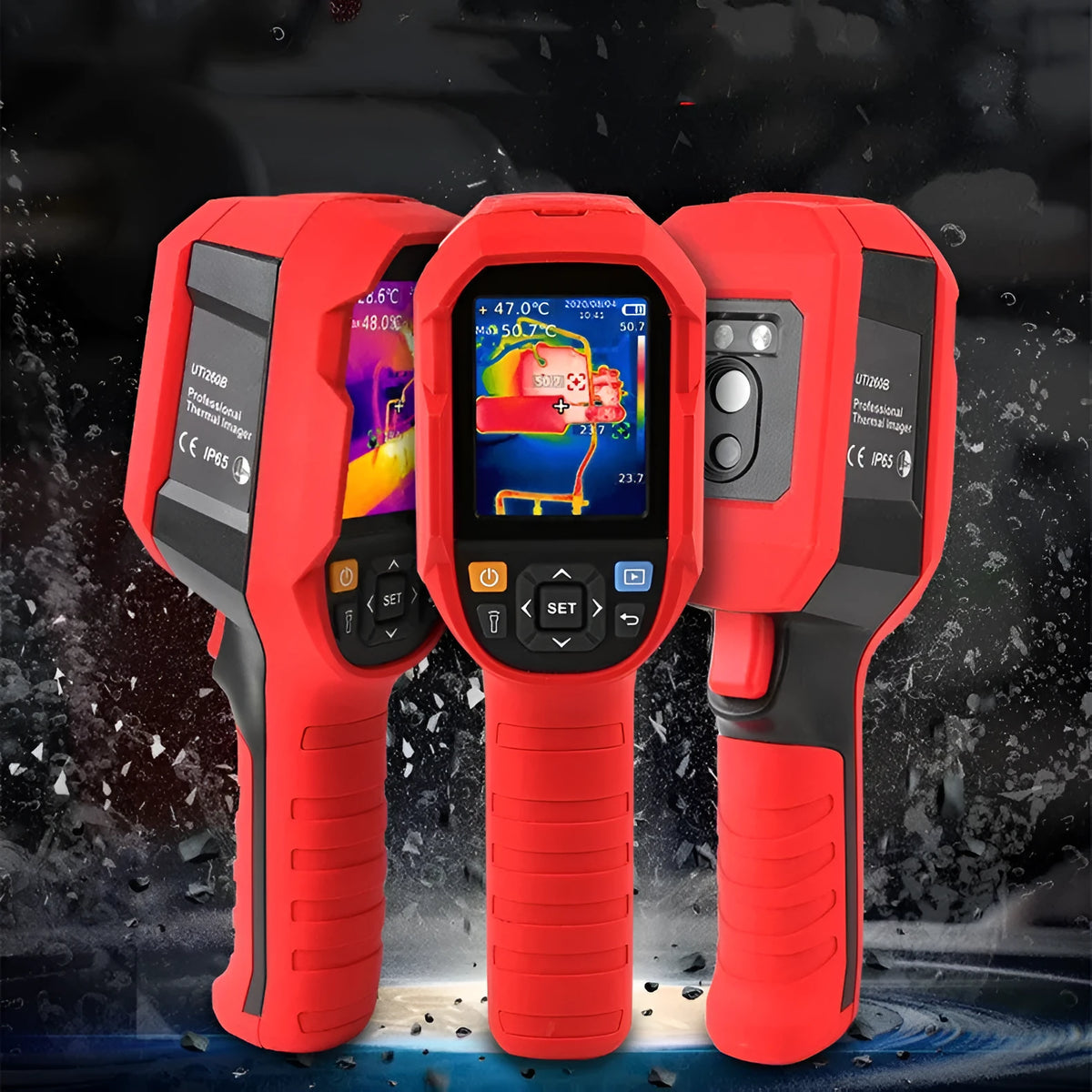 UTi260B handheld infrared thermal imager with colour screen showing a thermal image of an electrical panel.