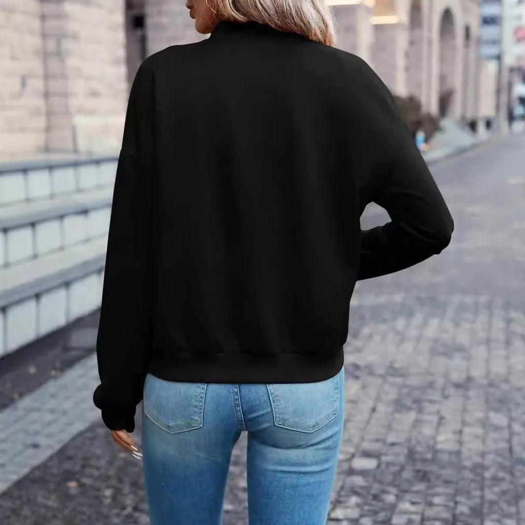 Black women's casual zip jacket with faux pockets and long sleeves