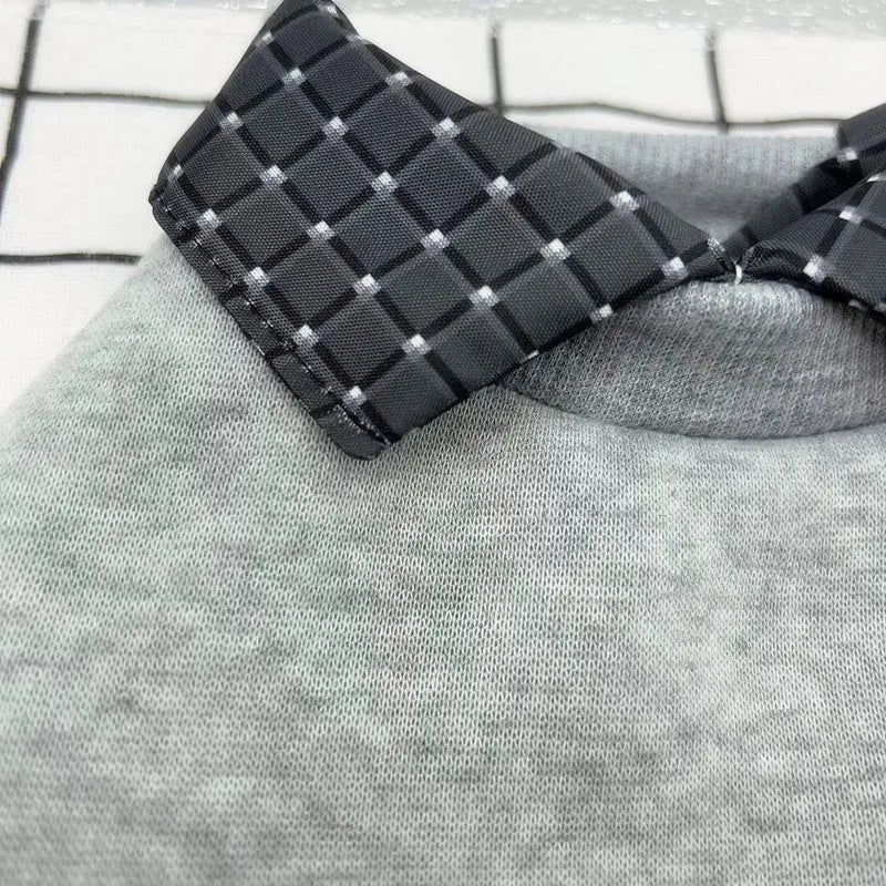 Grey velvet polyester dog sweater with detachable hoodie shown on canine model