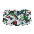 Men's navy swim trunks with colourful flower and bird print pattern, boxer style