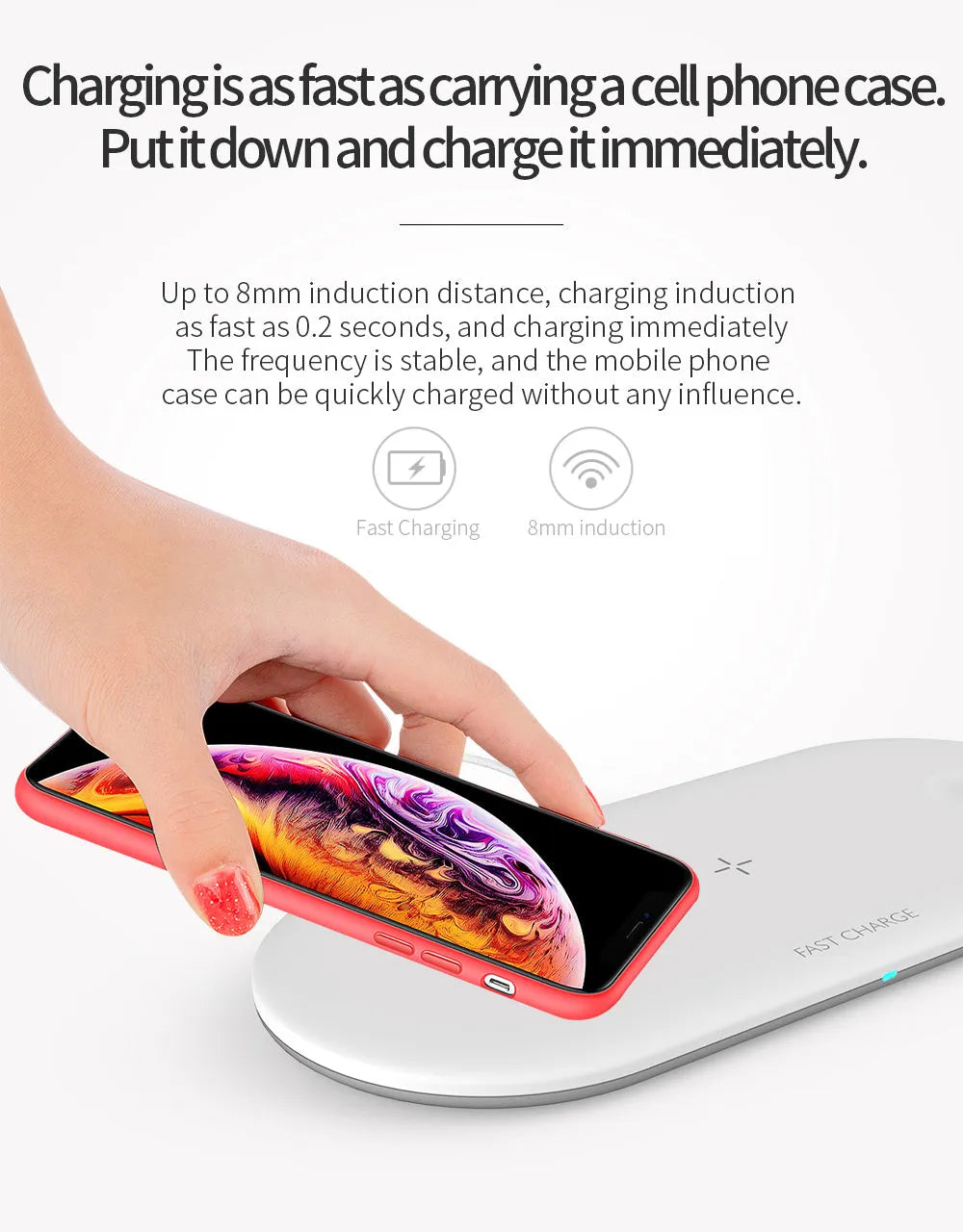 Black and white 3-in-1 wireless charging station for Apple-compatible phone, watch, and earbuds on a desk.