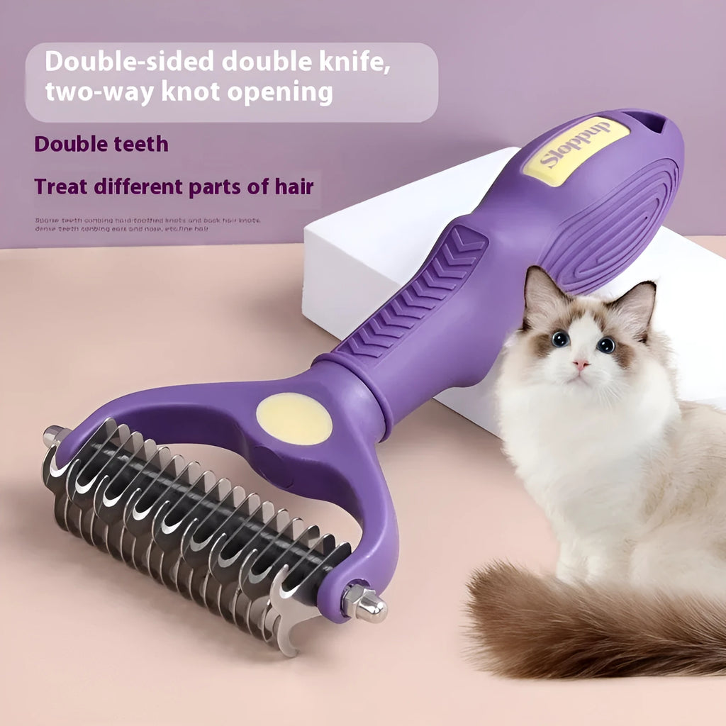 Purple plastic double-sided pet comb for removing knots from dog or cat fur.