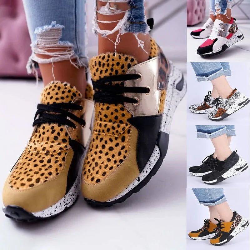 Women's casual suede flat sneakers with wedge heel in black, leopard, pink, panther, and snake pattern options.