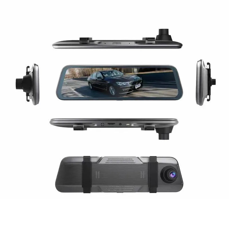 Black rearview mirror dash cam with 10-inch touchscreen display showing road footage.