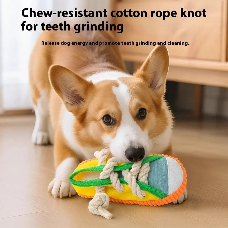 Squeaky plastic dog slipper chew toy in rock yellow, black and sea fog blue colours