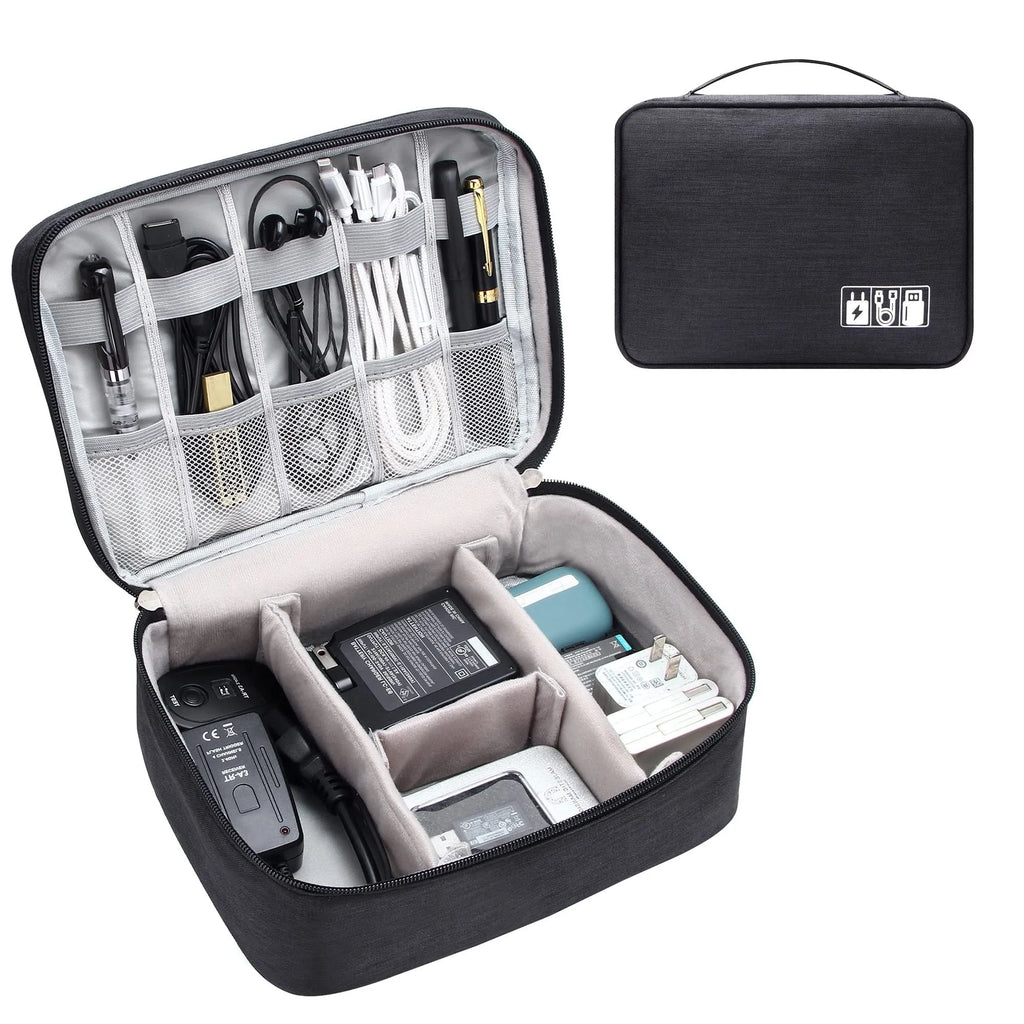 Black waterproof electronic cable organiser bag open to show mesh pockets, elastic loops, and removable padded dividers.