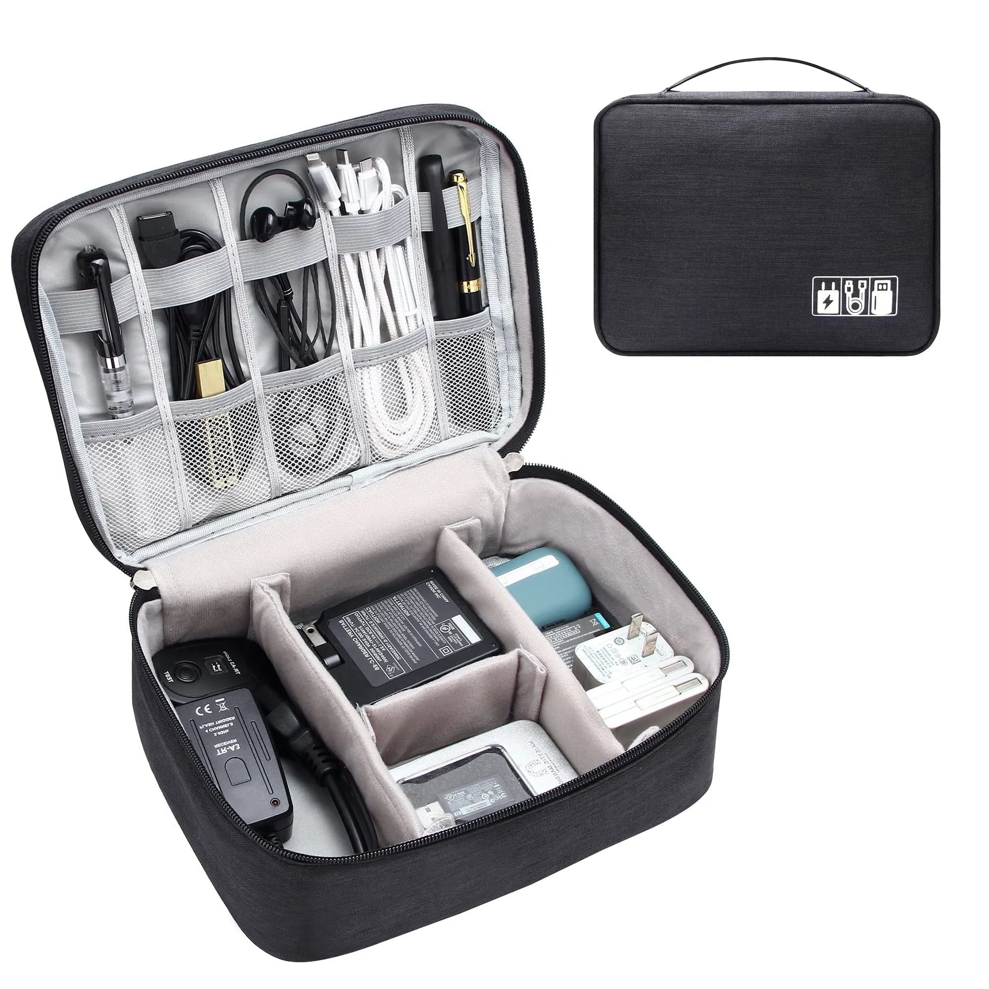 Black waterproof electronic cable organiser bag open to show mesh pockets, elastic loops, and removable padded dividers.