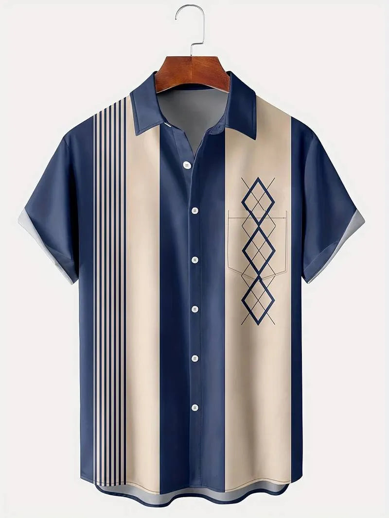 Men's plaid short-sleeved summer shirt in polyester with elastic band fabric