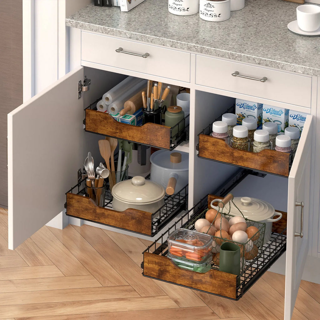 Black wooden pull-out basket drawer storage rack with iron frame for kitchen organisation