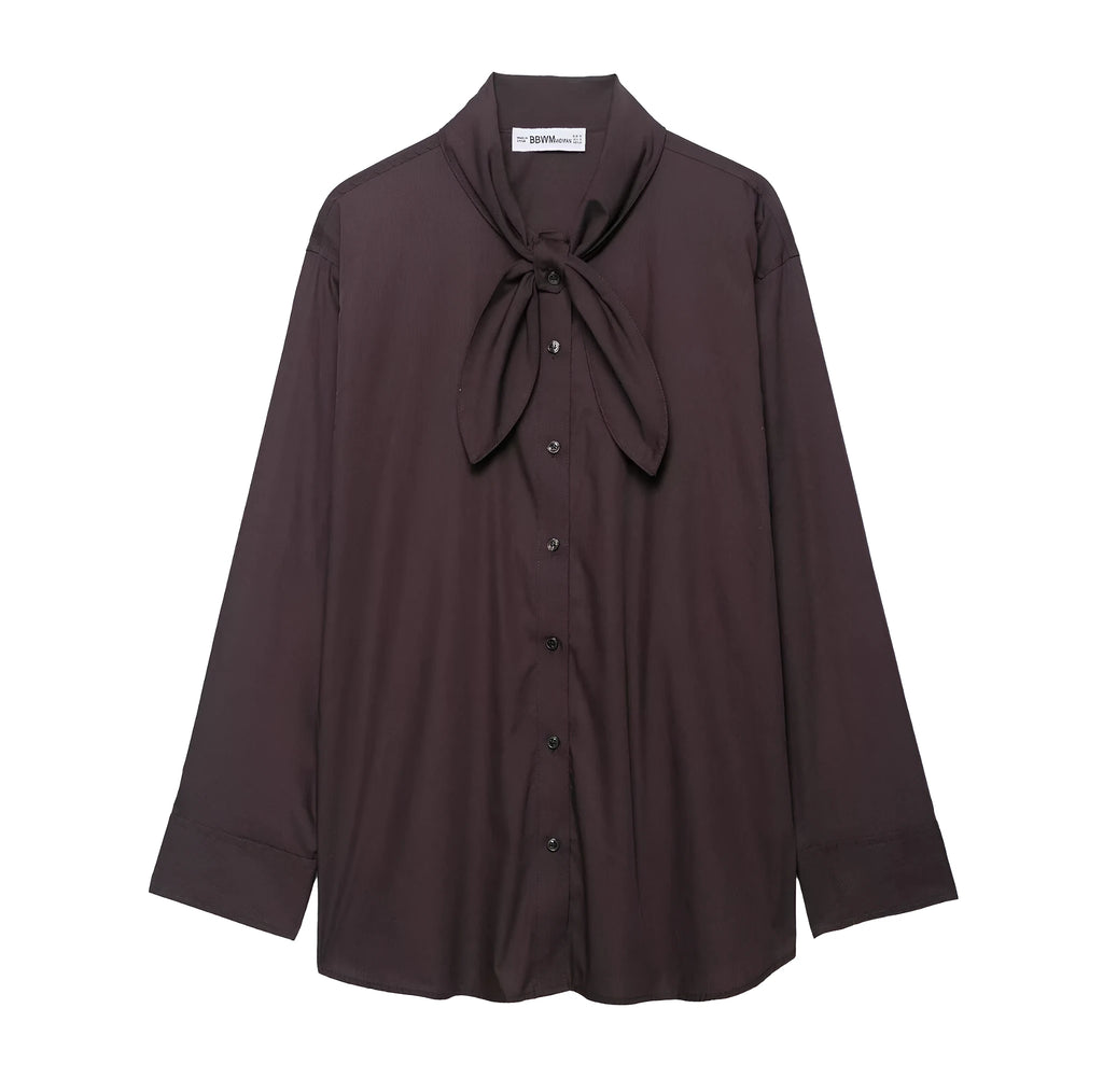 Brown women's poplin shirt with long sleeves and bow tie detail