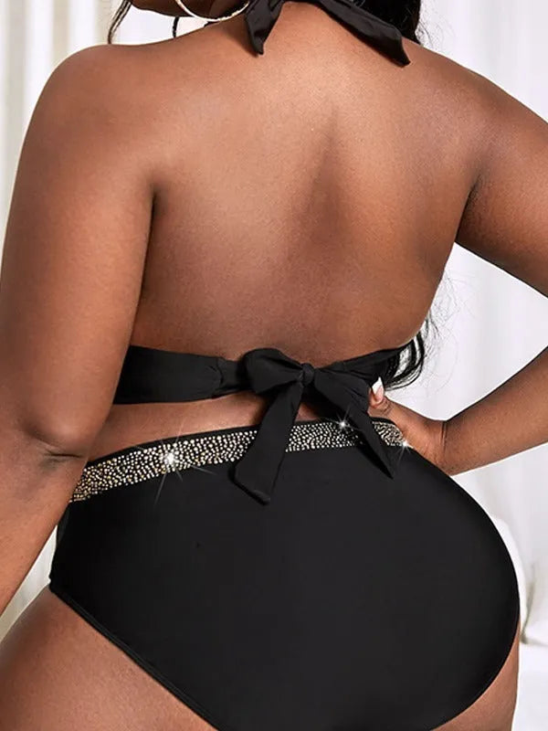 Black women's plus size bikini set with bra and shorts for swimming
