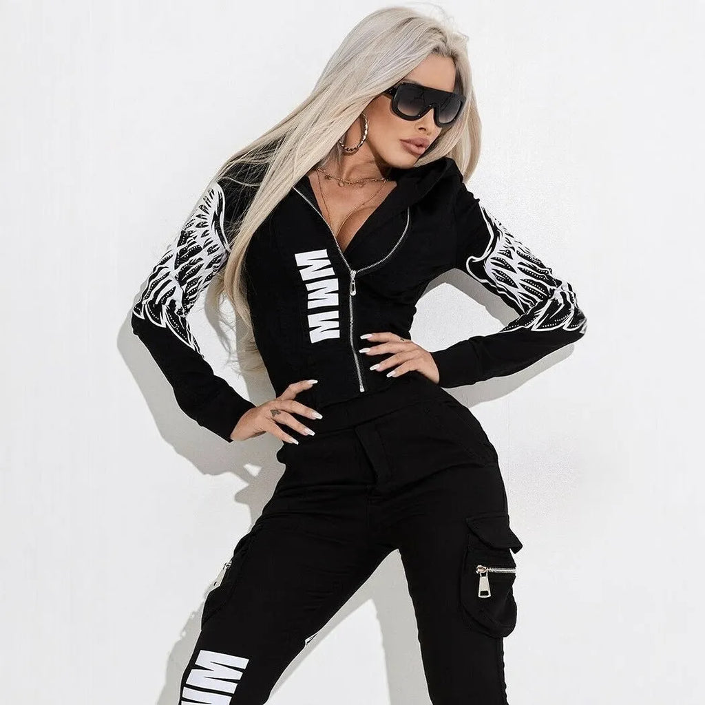 Black women's casual suit with wings print on hooded zip-top and matching trousers.