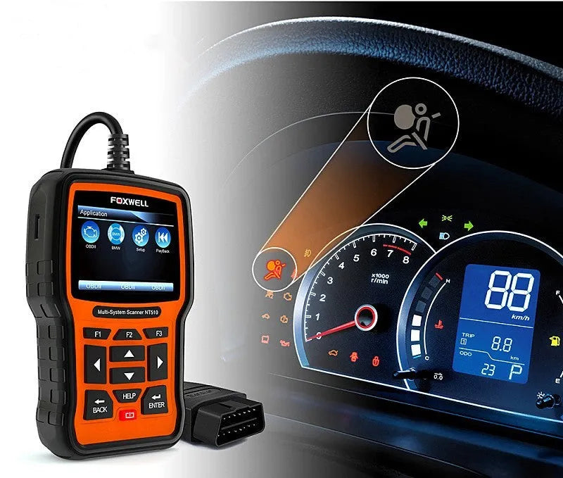 Foxwell NT510 orange and black automotive OBD2 diagnostic scanner and reset tool.