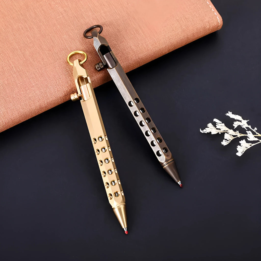 Brass hexagonal bolt pen with 0.5MM refill in natural or black finish measuring 13cm
