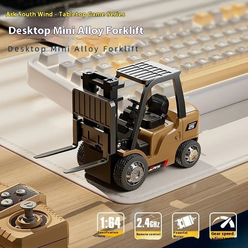 1:64 scale grey alloy remote control forklift toy with mini Bluetooth controller and cargo accessories.