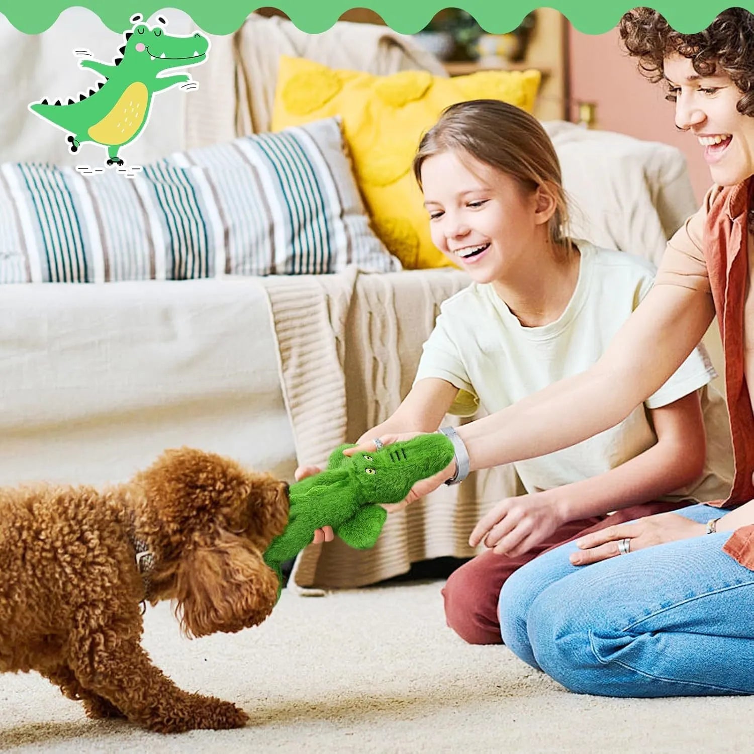 Green crocodile-shaped plush dog chew toy with no stuffing for aggressive chewers