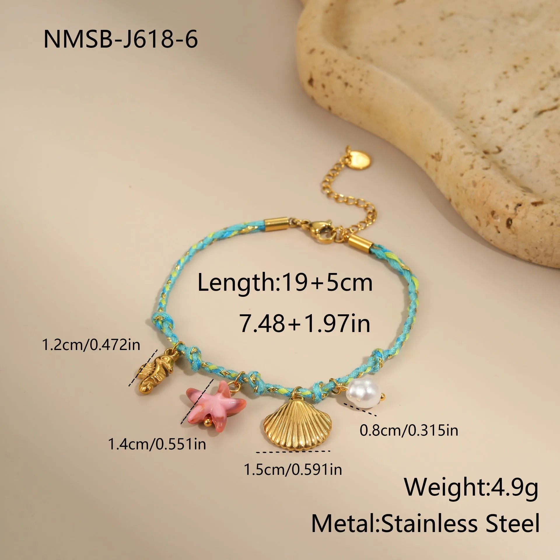 Handmade braided rope and stainless steel necklace and bracelet set with geometric pendant
