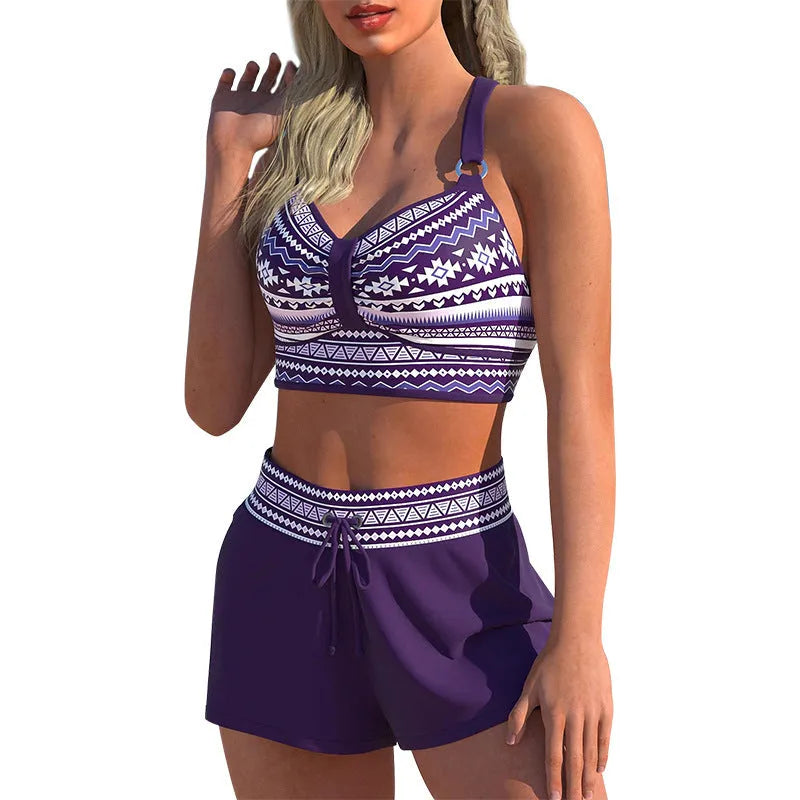 Women's navy blue and print patterned two-piece polyester blend bikini for hot springs.
