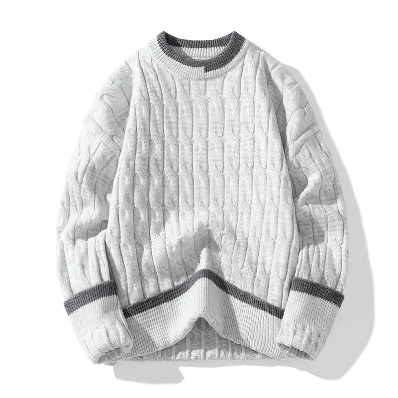 Men's loose fit modal acrylic blend pullover sweater in light blue, shown as a two-piece bottoming set.