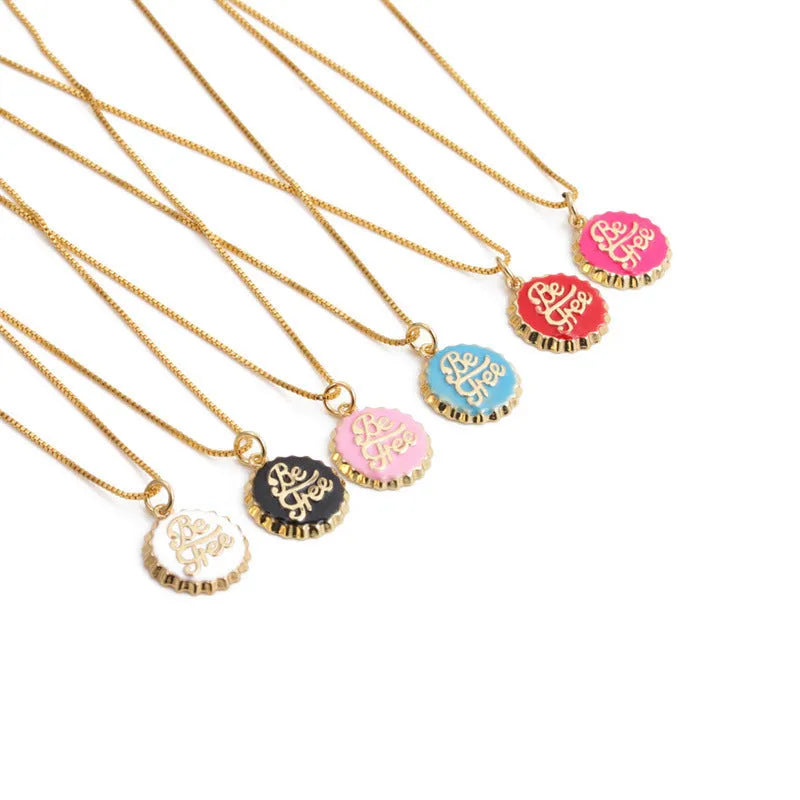 Copper 18K gold electroplated be free bottle cap pendant on a 40cm box chain necklace.