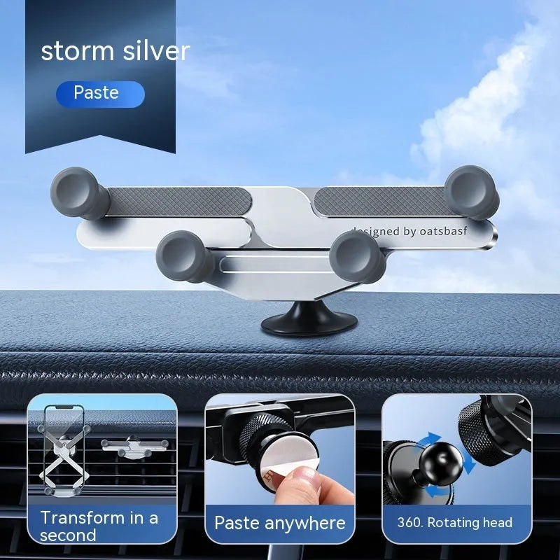 Aluminium alloy car mobile phone holder bracket showing snap-on mounting mechanism for air vent or surface installation