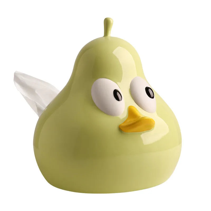 White ceramic pear-shaped tissue box with animal theme in green colour option