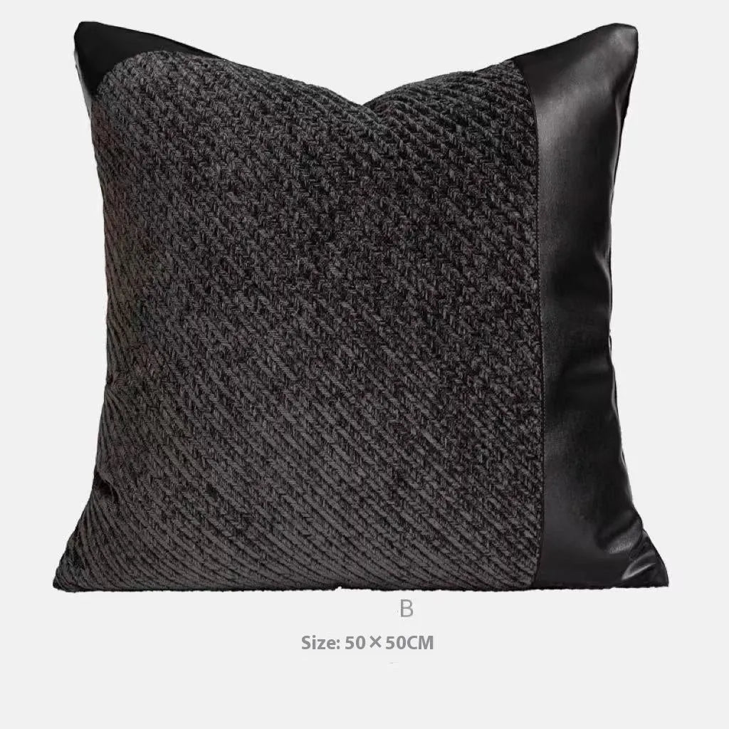 Modern minimalist grey and white plaid bed runner blanket with matching pillowcase and round leather pillow
