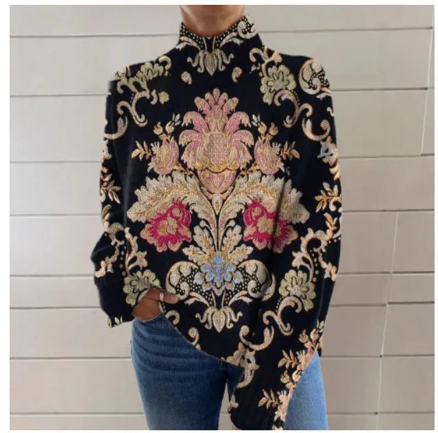 Women's black 3D pattern printed turtleneck sweater with loose Japanese Korean casual styling