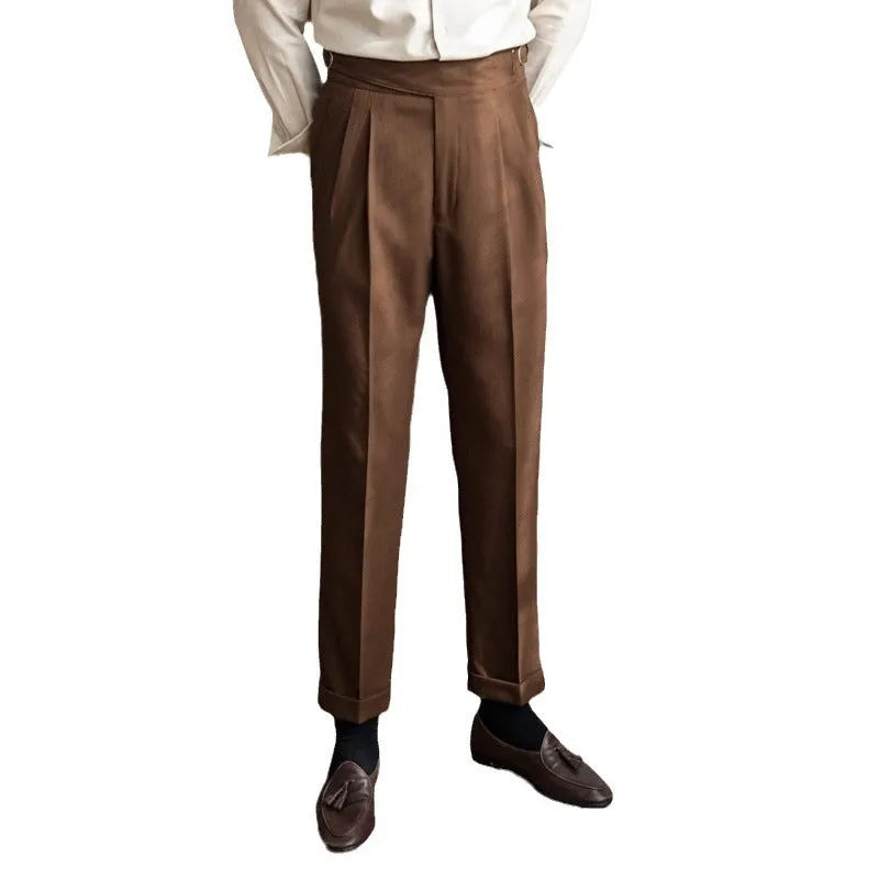 Men's high waist straight leg casual trousers in polyester fabric showing colour options