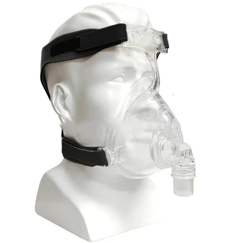 Transparent CPAP breathing mask with silicone construction and adapter elbows for ventilator connection