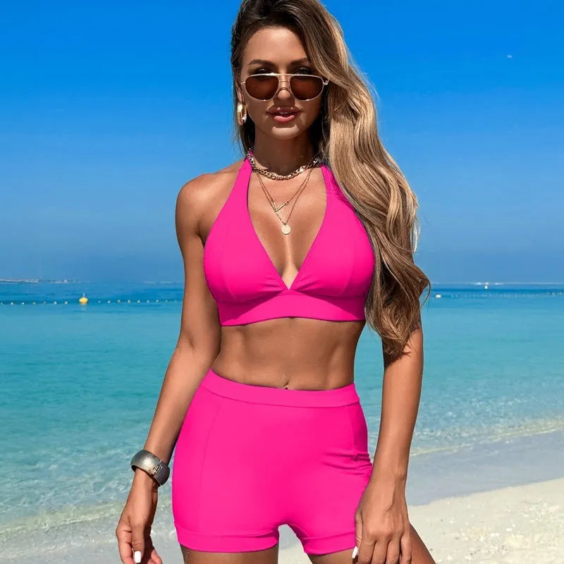 Women's two-piece nylon bikini swimsuit in black, shown front-on.