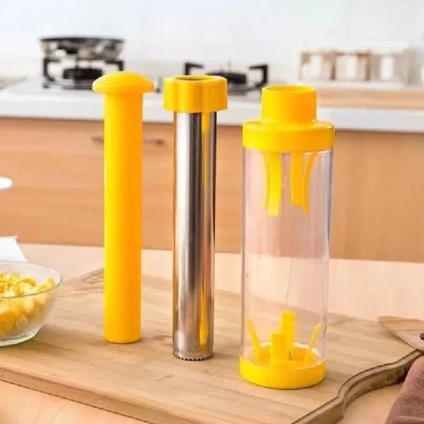Yellow cylindrical corn stripper tool with stainless steel blades for removing kernels from corn cobs