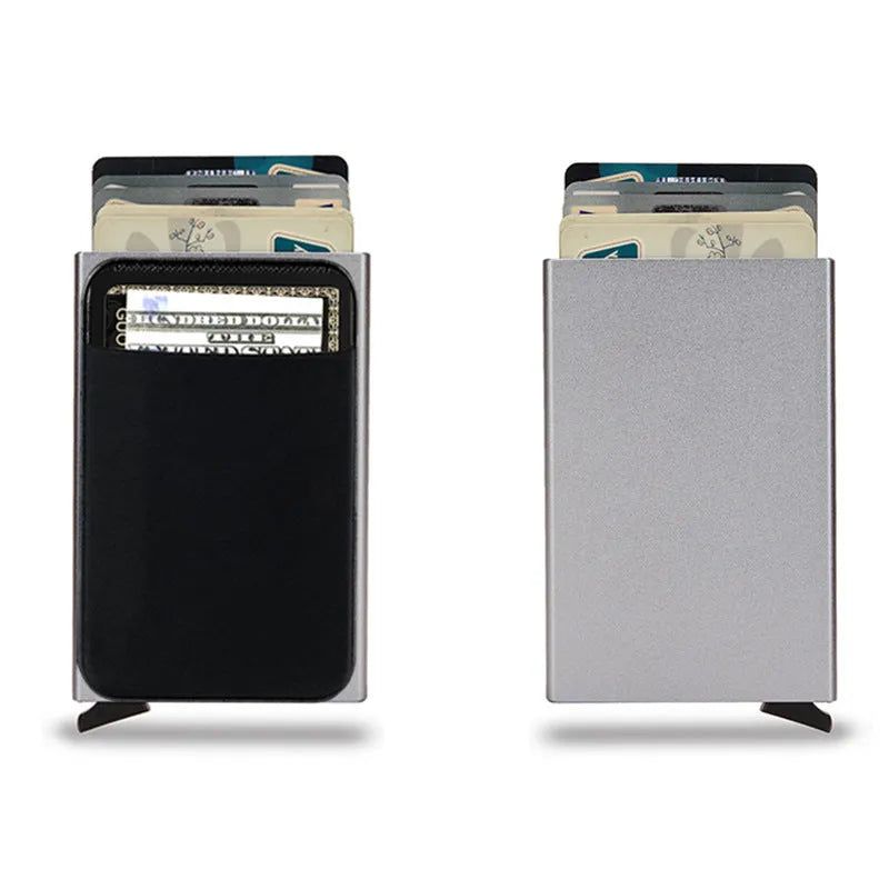 Frosted aluminium metal credit card holder in multiple colours showing slim profile