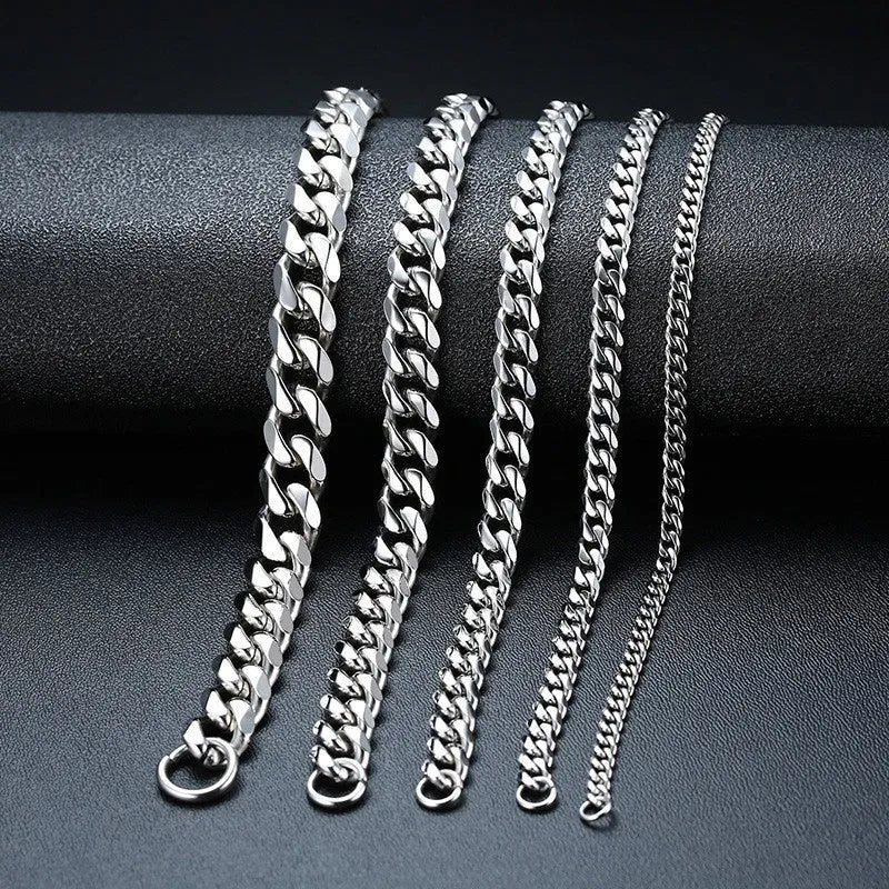 Six-sided geometric gold Cuban link chain metal bracelet showing multiple width and colour options