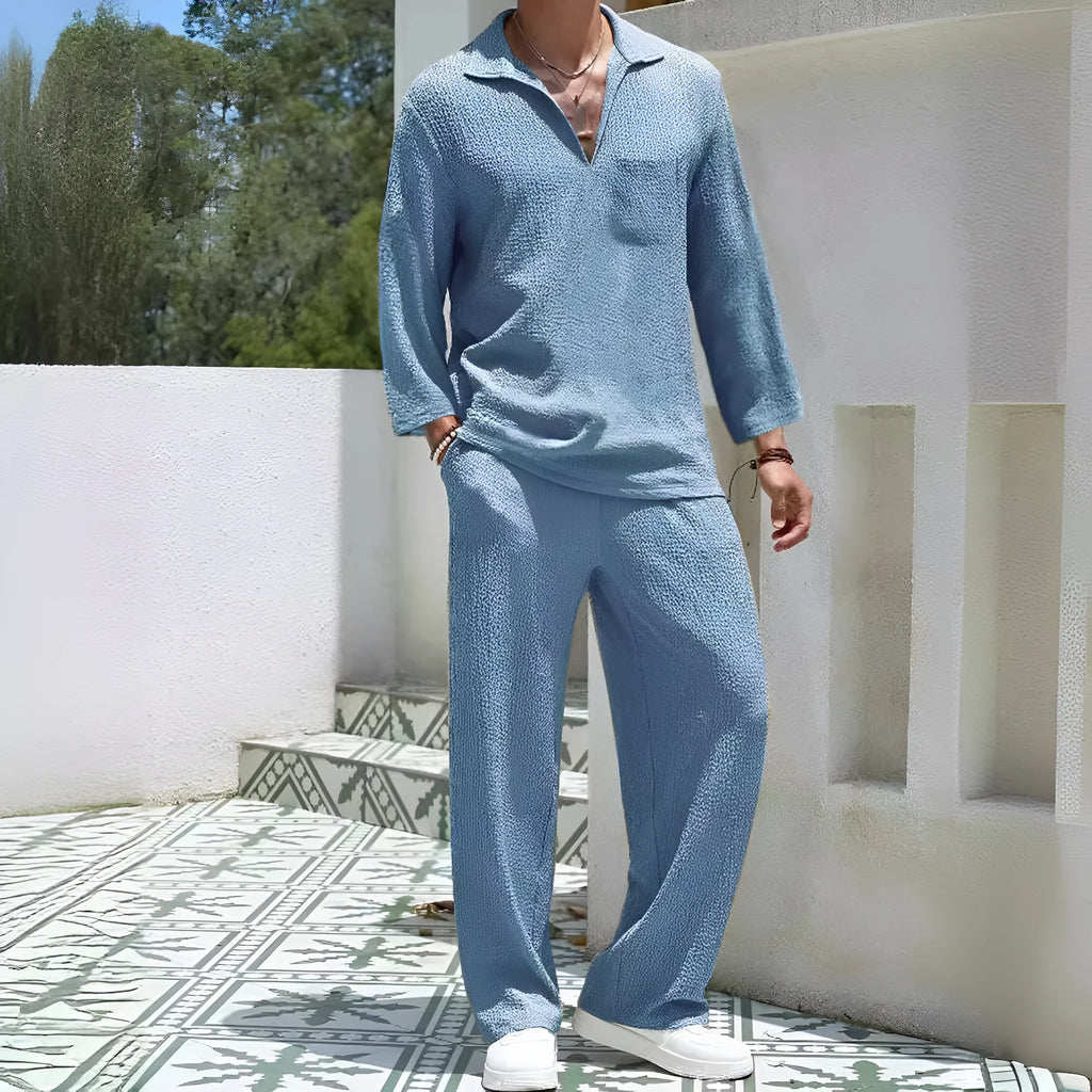 Men's casual polyester shirt trousers suit set in lake blue, khaki, black, or caramel colours